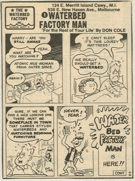 Beginning of 'Waterbed Factory Man,' a commercial comic strip by Don Cole, 1970's. Brevard County, Florida 